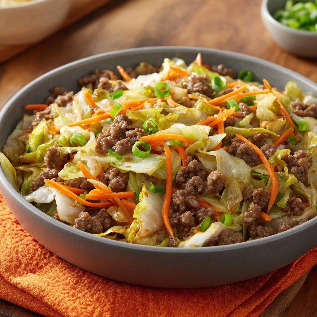 Knackiger Hack-Wok mit Chinakohl, eine leckere Mahlzeit, die von oben in einer Schüssel serviert wird und frisch zubereitet aussieht.