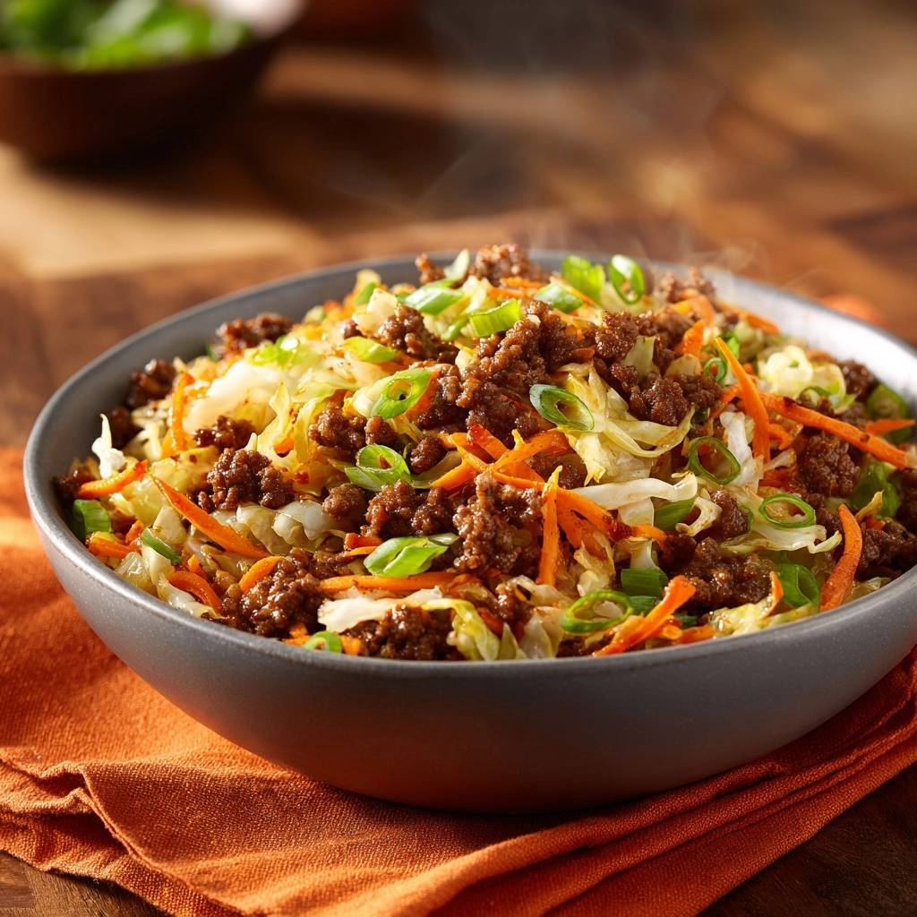 Knackiger Hack-Wok mit Chinakohl in einer Schüssel aus nächster Nähe. Der Wok-Gericht ist mit Hackfleisch, Chinakohl und Karotten zubereitet.