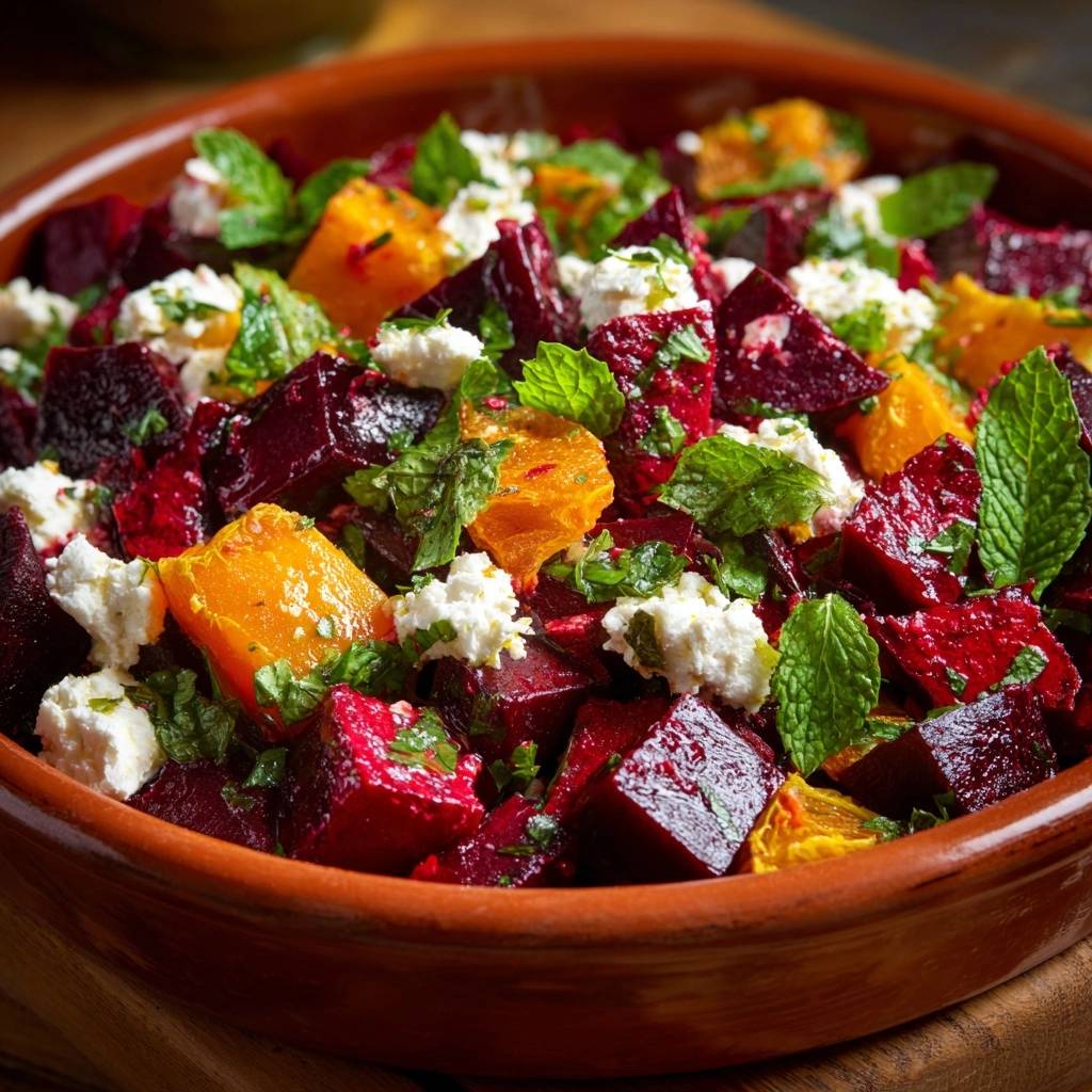 Knackiger Rote Bete Kuerbis Salat Mit Feta Draufsicht 1 Knackiger Rote-Bete-Kürbis-Salat mit Feta, von oben betrachtet. Der Salat wird mit Feta, Minze und Orangenstücken garniert.