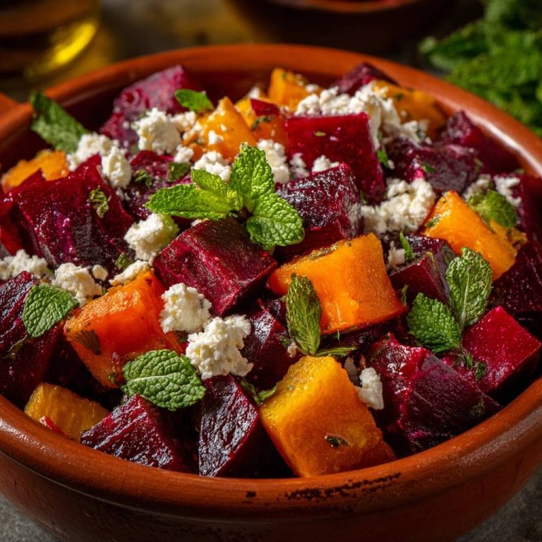 Knackiger Rote-Bete-Kürbis-Salat mit Feta in Nahaufnahme, garniert mit frischer Minze und cremigem Feta-Käse.