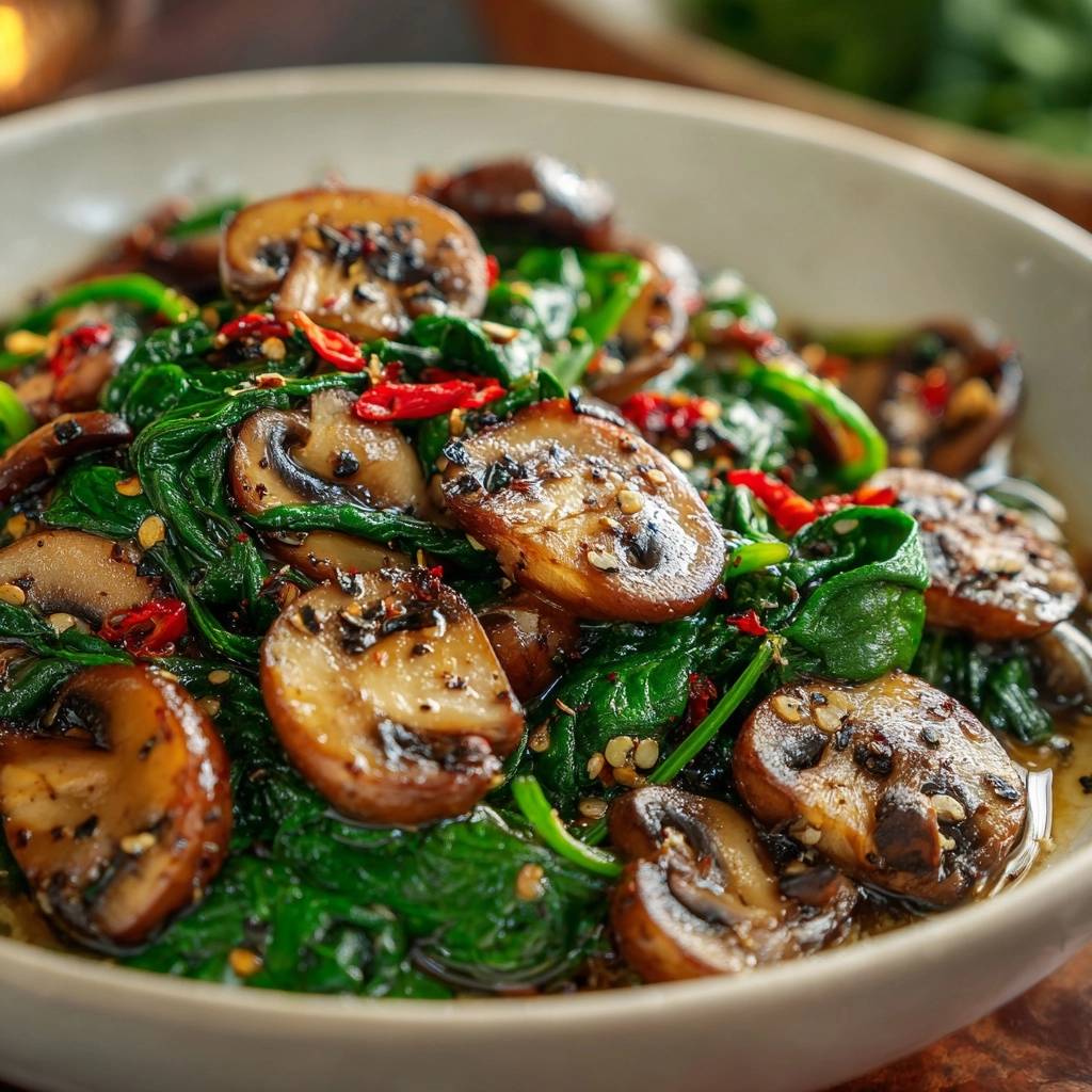 Knackiger Spinat Champignon Wok Nahaufnahme 1 Knackiger Spinat-Champignon-Wok in Nahaufnahme: Gebratene Champignons und Spinat mit Chili in einer Schüssel. Die einzelnen Zutaten sind deutlich zu erkennen.