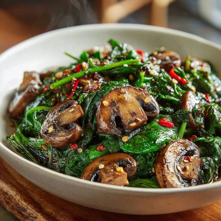 Knackiger Spinat-Champignon-Wok in Nahaufnahme: Dampfender Wok mit frischem Spinat und gebratenen Champignons, serviert in einer Schüssel.