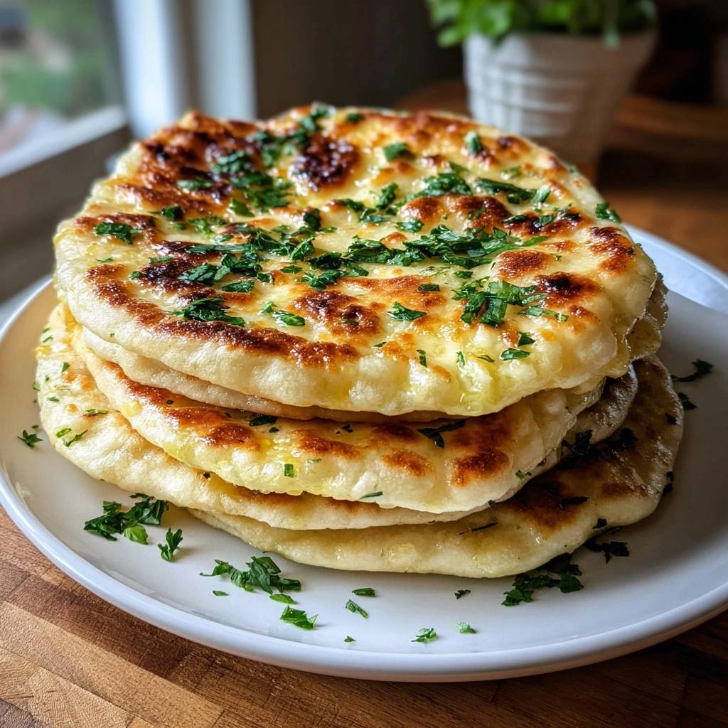 Knoblauch Naan Auf Teller Serviert 1 Knoblauch-Naan frisch serviert auf einem weißen Teller. Die Naan-Fladen sind goldbraun gebacken und mit frischer Petersilie garniert.