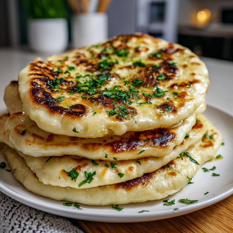 Knoblauch-Naan, frisch gebacken und auf einem Teller gestapelt, garniert mit frischen Kräutern, bereit zum Servieren.
