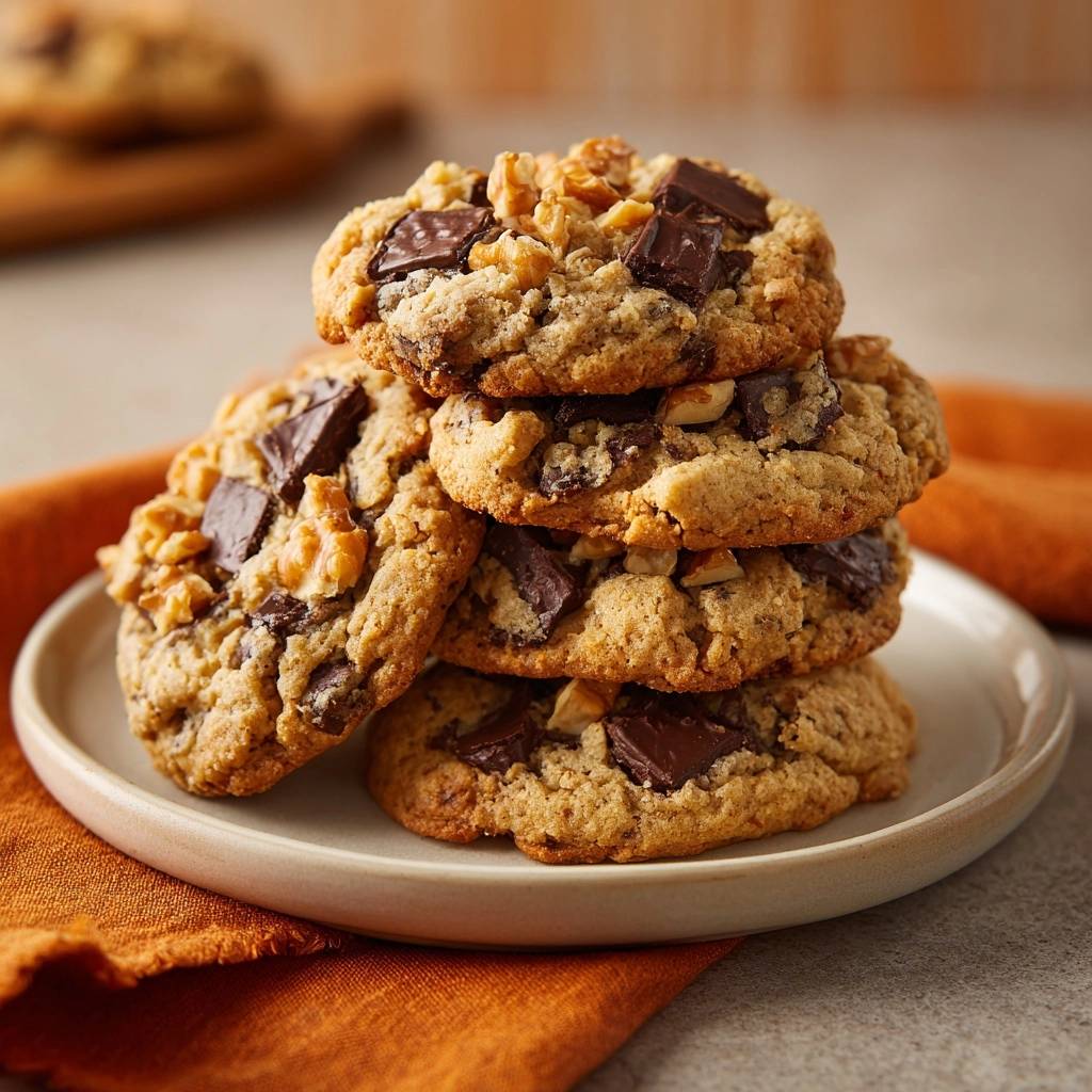 Knusprig Chewy Schoko Nuss Cookies Gestapelt 1 Knusprig-chewy Schoko-Nuss-Cookies in einem Stapel auf einem Teller, mit Schokoladenstücken und Walnüssen. Diese Kekse sind unwiderstehlich.