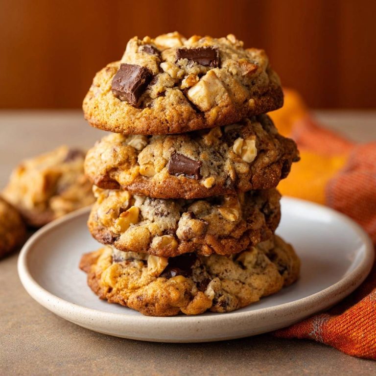 Knusprig-chewy Schoko-Nuss-Cookies, gestapelt auf einem Teller, mit großen Schokoladenstücken und Walnüssen. Die frisch gebackenen Kekse sind eine perfekte Leckerei.