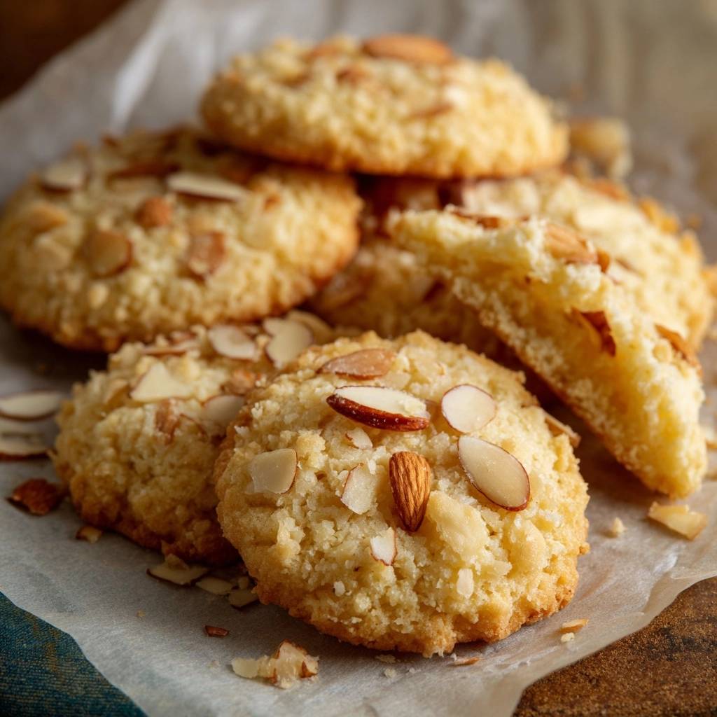 Knusprige Amaretti-Mandelkekse in Nahaufnahme, garniert mit Mandelblättchen, präsentiert auf Backpapier, zeigen eine köstliche Textur.