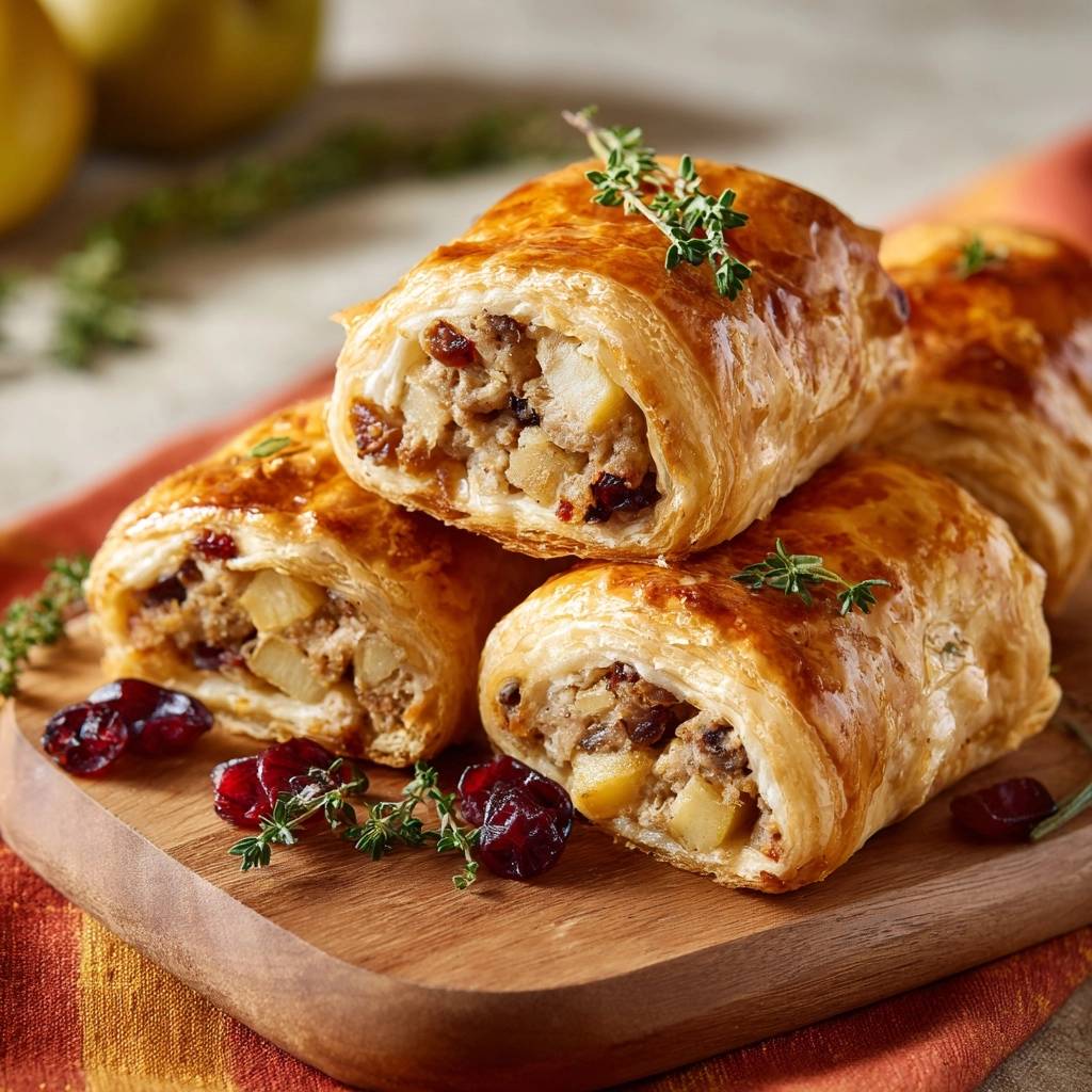 Knusprige Apfel-Hack-Thymian-Blätterteigrollen im Anschnitt, die Füllung aus Hackfleisch, Apfel und Thymian zeigt. Die Blätterteigrollen sind auf einem Holzbrett serviert.