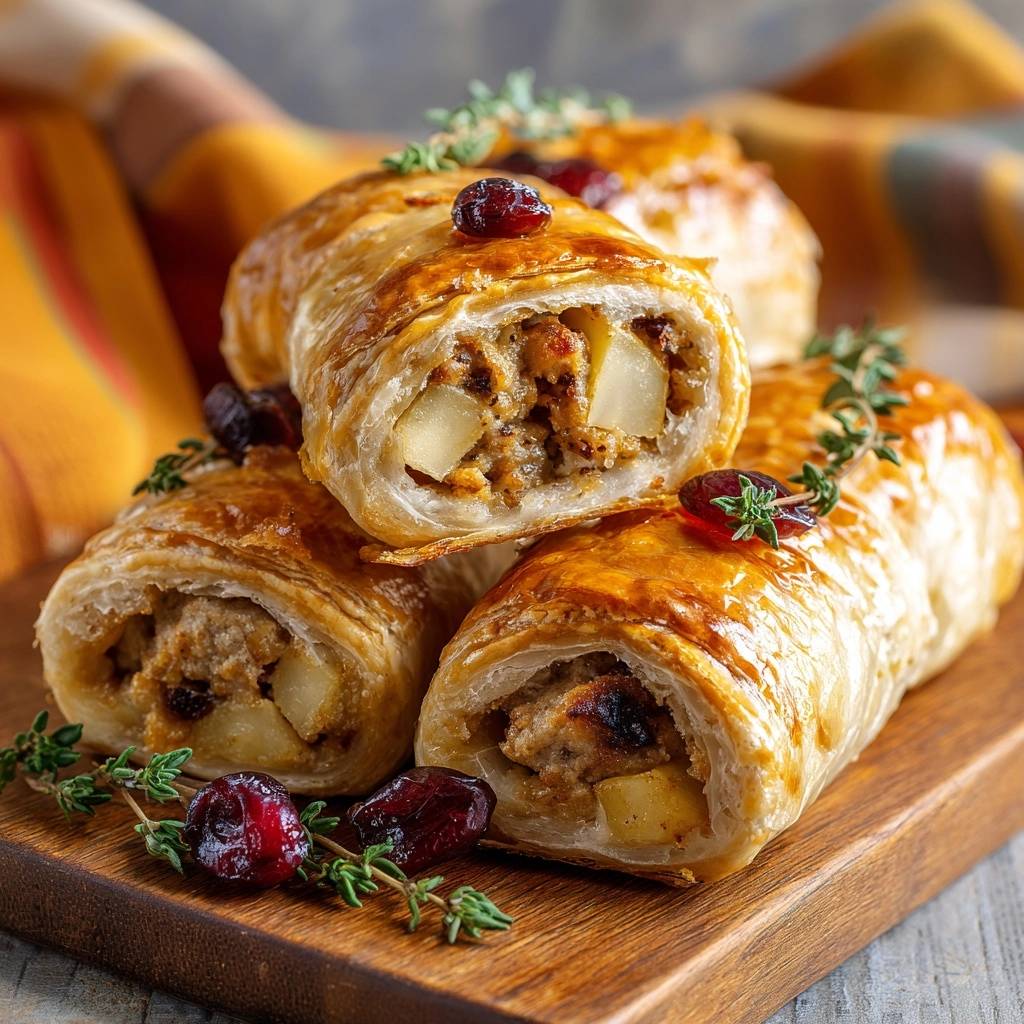 Knusprige Apfel-Hack-Thymian-Blätterteigrollen im Querschnitt, mit Hackfleisch, Apfelstücken und frischem Thymian garniert, auf einem Holzbrett serviert.
