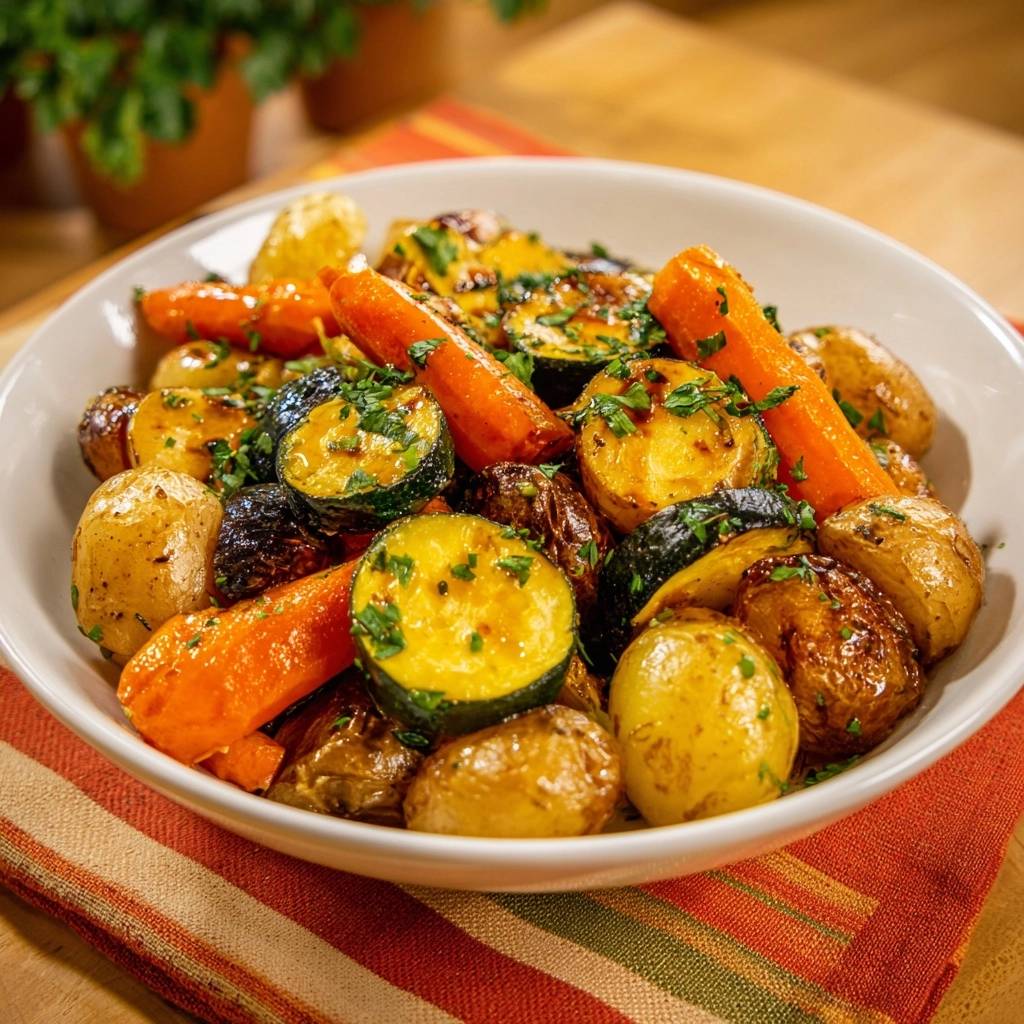 Knusprige Babykartoffeln mit Karotten und Zucchini in einer Schüssel, garniert mit frischer Petersilie und von oben betrachtet.