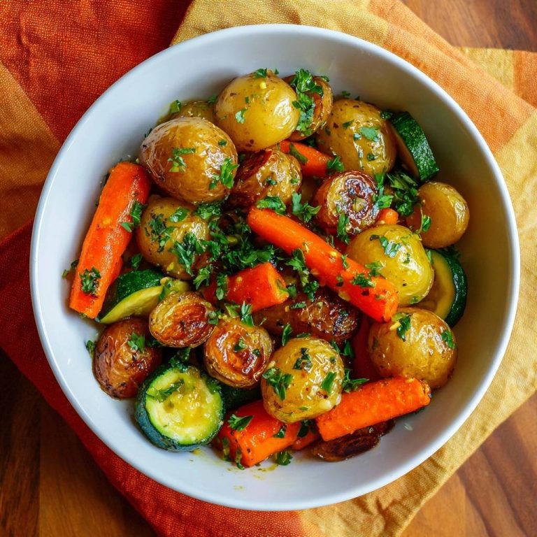 Knusprige Babykartoffeln mit Karotten und Zucchini, von oben fotografiert, angerichtet in einer weißen Schüssel auf einem bunten Untergrund.