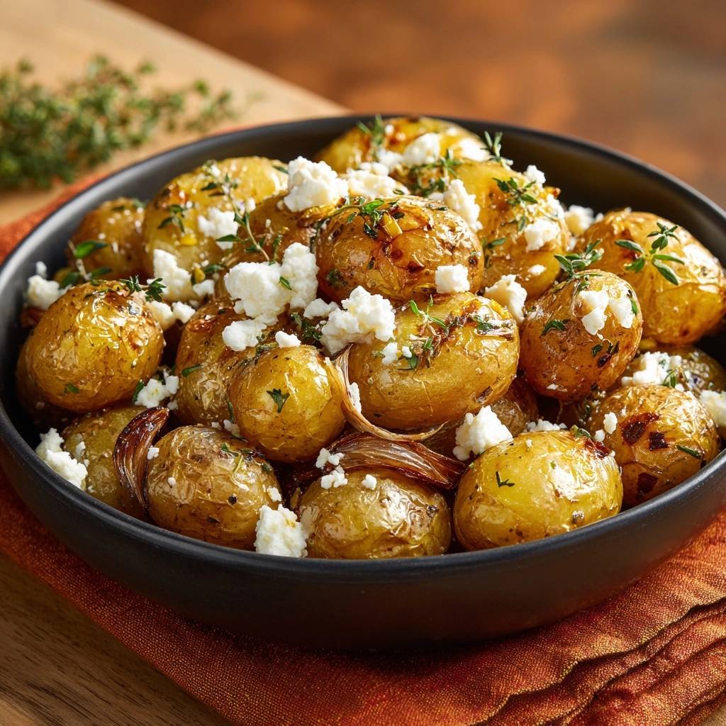 Knusprige Babykartoffeln Mit Feta Von Oben 1 Knusprige Babykartoffeln mit Feta und Thymian, serviert in einer schwarzen Schüssel, mit frischem Feta und Kräutern garniert.