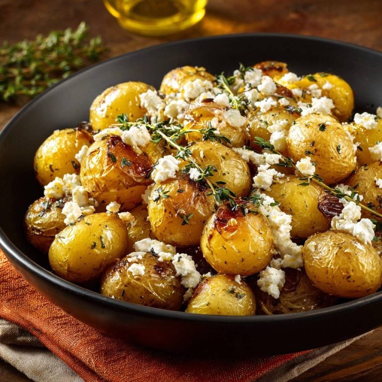 Knusprige Babykartoffeln mit Feta und Thymian, serviert in einer schwarzen Schüssel, mit einem Hauch von frischem Thymian.