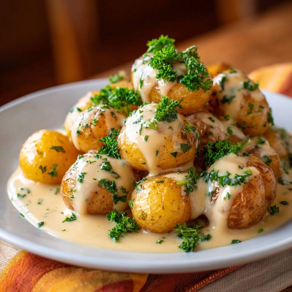 Knusprige Babykartoffeln Mit Petersilie Creme Serviert 1 Knusprige Babykartoffeln mit Petersilie-Creme serviert auf einem weißen Teller, bedeckt mit cremiger Sauce und frischer Petersilie.