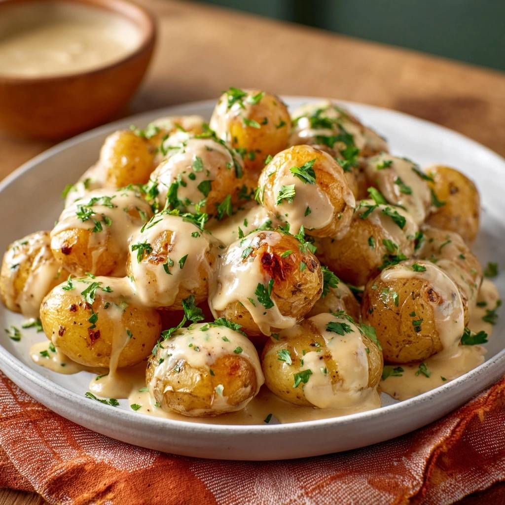 Knusprige Babykartoffeln mit Petersilie-Creme serviert auf einem weißen Teller, bedeckt mit cremiger Sauce und frischer Petersilie.