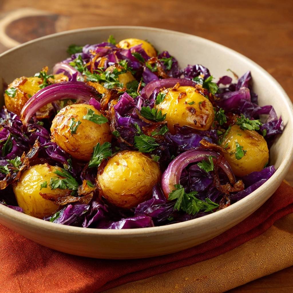 Knusprige Babykartoffeln Mit Rotkohl Draufsicht 1 2 Knusprige Babykartoffeln mit Rotkohl und Zwiebeln, serviert in einer rustikalen Schüssel, von oben betrachtet und appetitlich angerichtet.