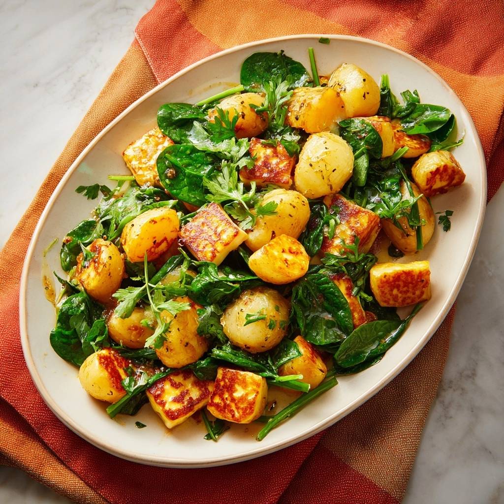 Knusprige Babykartoffeln Mit Spinat Und Feta Draufsicht 1 Knusprige Babykartoffeln mit Spinat und Feta, serviert auf einem ovalen Teller, von oben fotografiert, mit frischen Kräutern garniert.