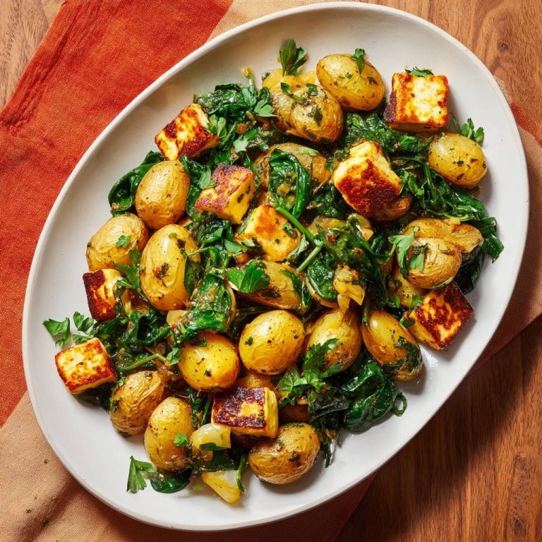 Knusprige Babykartoffeln mit Spinat und Feta, serviert in einer eleganten Schale von oben fotografiert, mit goldbraun gebratenem Feta.