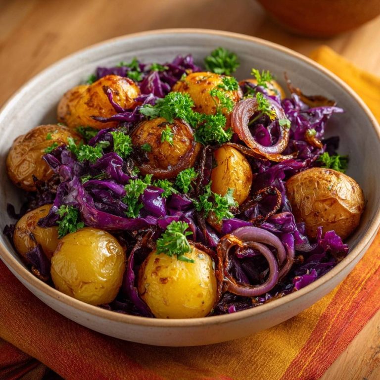 Knusprige Babykartoffeln mit Rotkohl und Zwiebeln, serviert in einer Schüssel, aus der Vogelperspektive fotografiert. Das Gericht ist frisch zubereitet und mit Petersilie garniert.
