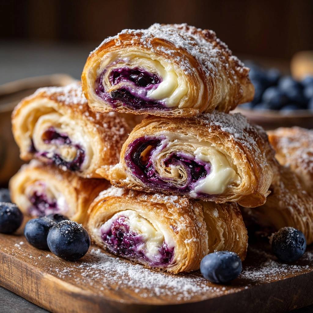 Knusprige Blaubeer-Brie-Rollen zeigen hier einen köstlichen Querschnitt mit cremiger Brie und fruchtigen Blaubeeren, perfekt für den Genuss.
