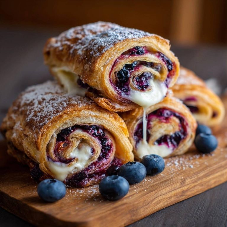 Knusprige Blaubeer-Brie-Rollen zeigen einen verführerischen Querschnitt, gefüllt mit Blaubeeren und cremigem Brie-Käse, perfekt gebacken.