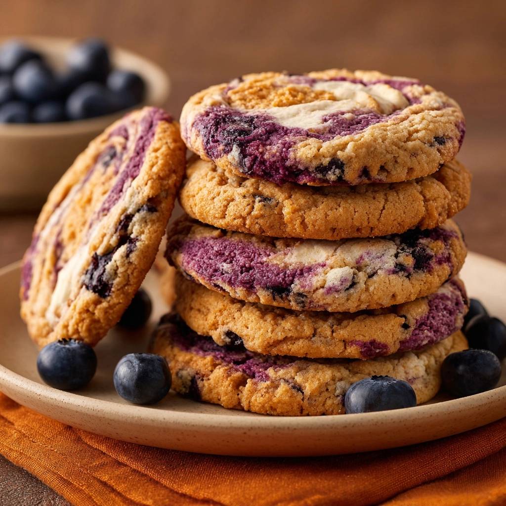 Knusprige Blaubeer-Cookies in Nahaufnahme. Ein Stapel frisch gebackener Cookies auf einem Teller, mit Blaubeeren dekoriert.