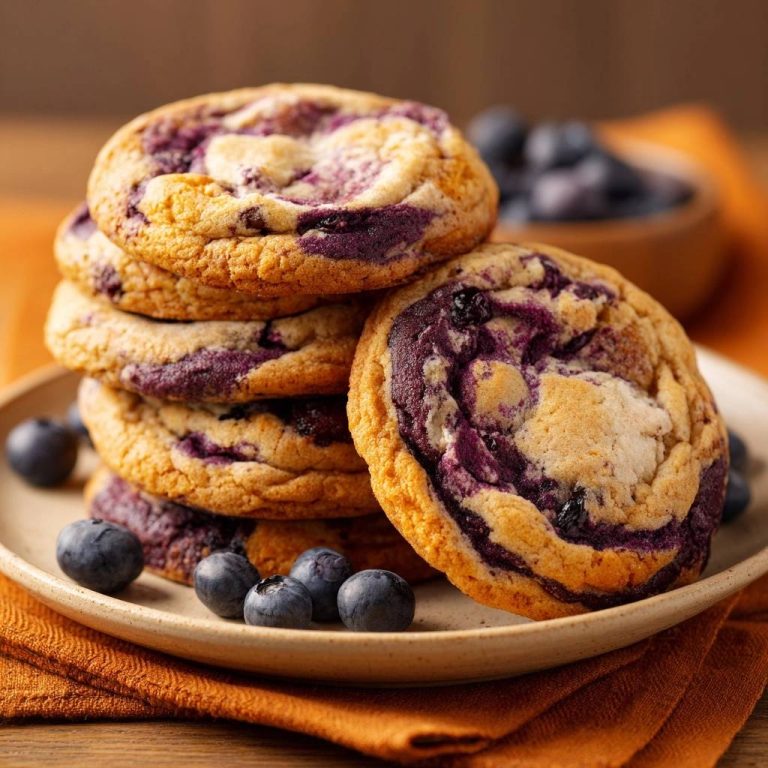 Knusprige Blaubeer-Cookies in einem appetitlichen Stapel. Eine Nahaufnahme zeigt die Textur und die wunderbare Verteilung der Blaubeeren.