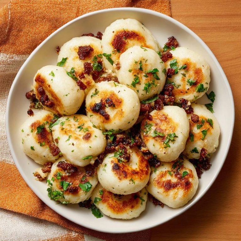 Knusprige Bratkartoffelknödel mit Speck, serviert in einer Schüssel von oben gesehen, garniert mit frischer Petersilie und knusprigem Speck.