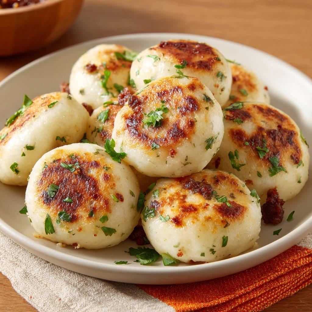 Knusprige Bratkartoffelknödel mit Speck und Petersilie serviert und auf einem Teller angerichtet, bereit zum Genießen. Die goldbraun gebratenen Knödel sind mit frischer Petersilie garniert.