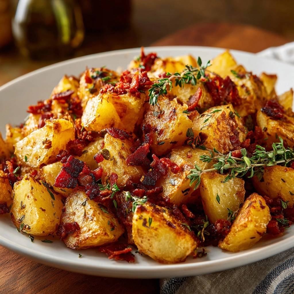 Knusprige Bratkartoffeln mit Speck und Thymian in einer Nahaufnahme von oben serviert, mit knusprigem Speck und Kräutern garniert.