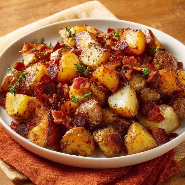Knusprige Bratkartoffeln mit Speck & Thymian, serviert in einer weißen Schüssel, draufsicht von oben mit frischen Kräutern garniert.