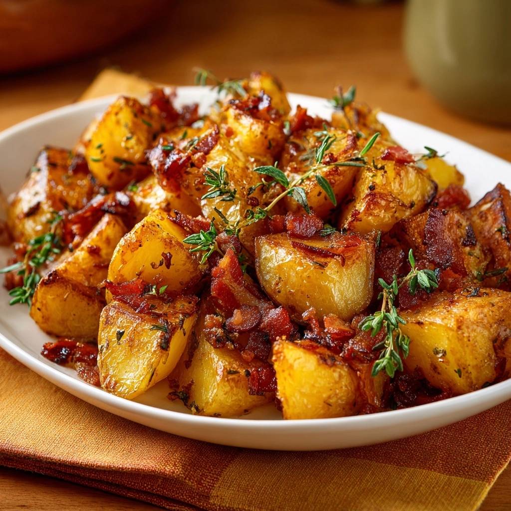 Knusprige Bratkartoffeln mit Speck & Thymian, serviert auf einem weißen Teller, garniert mit frischen Kräutern und knusprigem Speck.