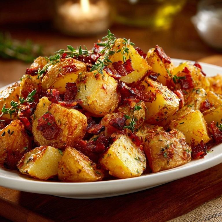 Knusprige Bratkartoffeln mit Speck & Thymian serviert auf einem weißen Teller, garniert mit frischem Thymian und knusprigem Speck.