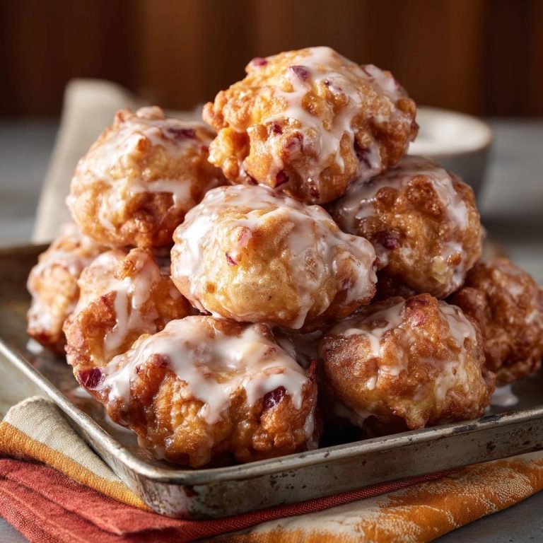Knusprige Cranberry-Fritter mit Zuckerguss, gestapelt auf einem Blech, präsentieren einen verführerischen Haufen hausgemachter Köstlichkeiten.