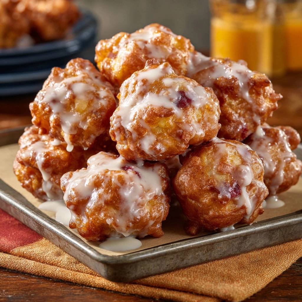 Knusprige Cranberry-Fritter mit Zuckerguss in Nahaufnahme, üppig mit Zuckerguss überzogen und auf einem Tablett serviert.