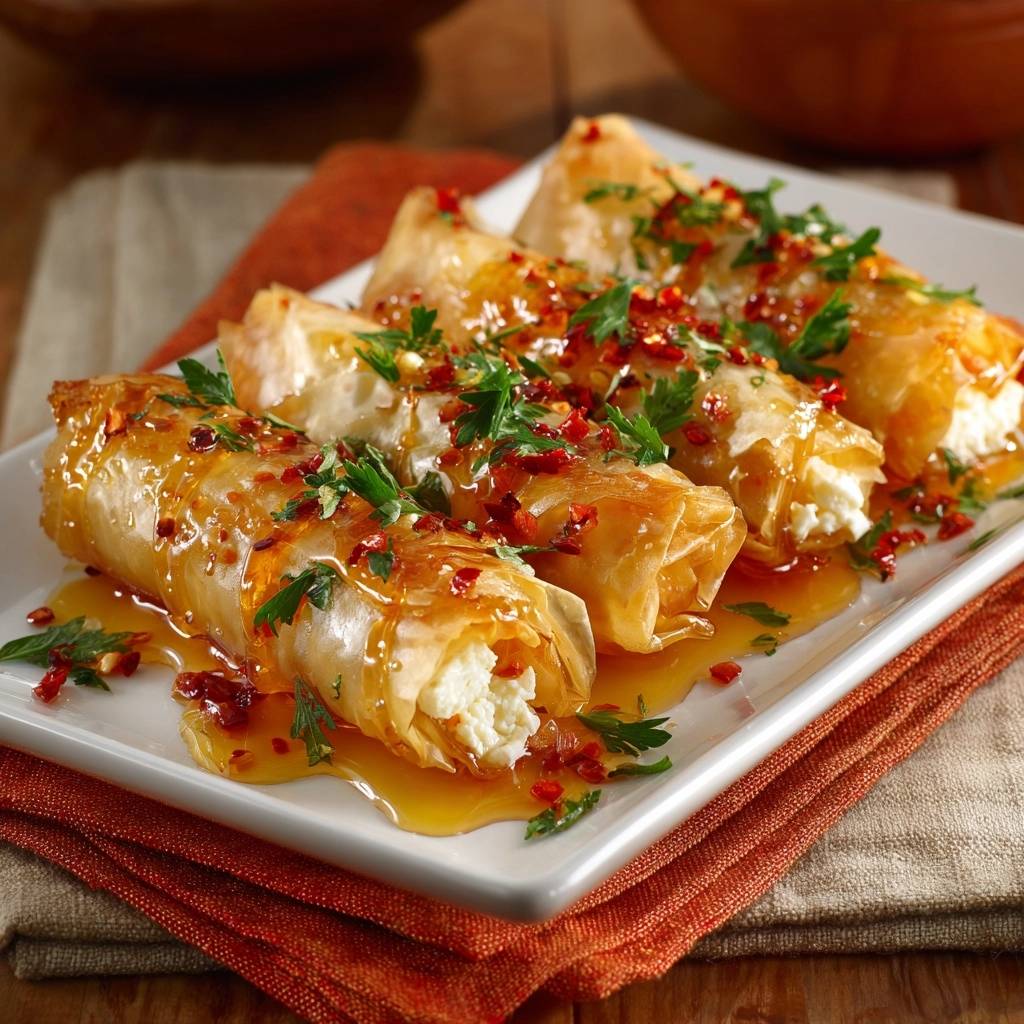 Knusprige Feta Filo Rollen Mit Honig Chili Serviert 1 Knusprige Feta-Filo-Rollen mit Honig-Chili, serviert auf einem weißen Teller, garniert mit frischer Petersilie und Chili-Flocken.
