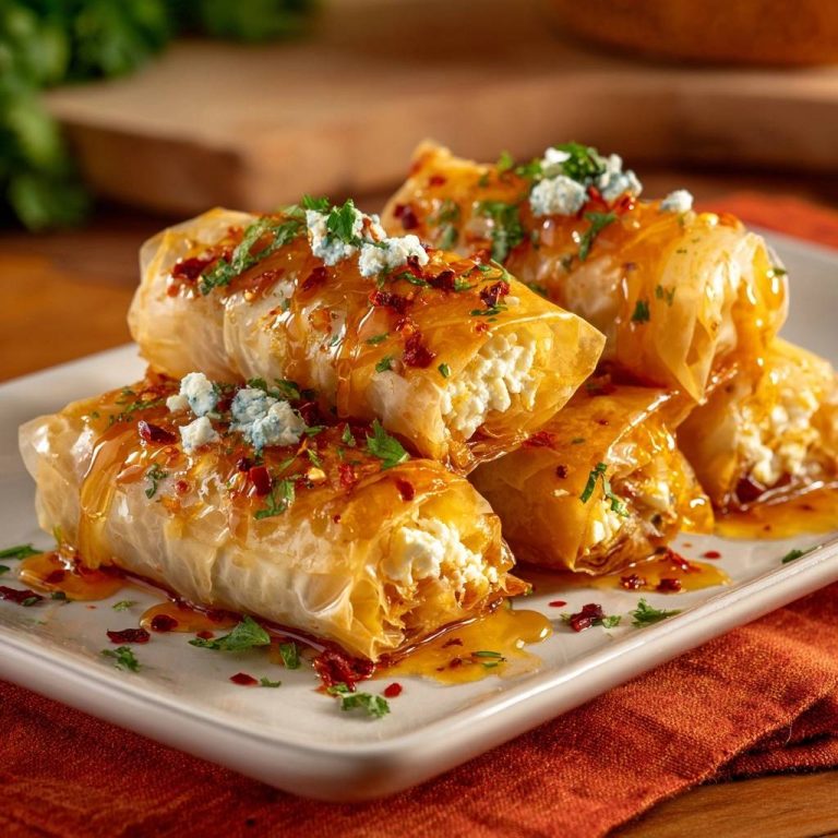 Knusprige Feta-Filo-Rollen mit Honig-Chili, serviert auf einem weißen Teller, mit Honig beträufelt und mit frischer Petersilie garniert.
