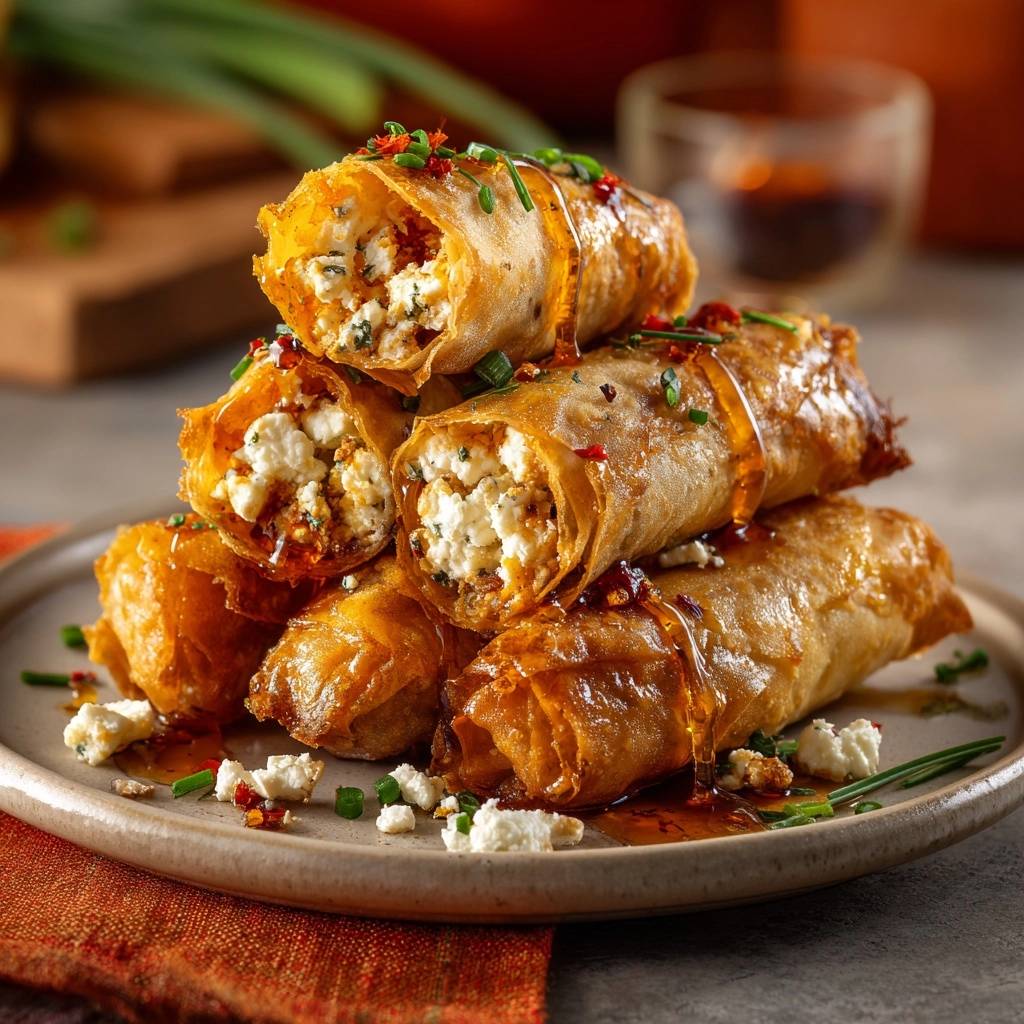 Knusprige Feta-Honig-Rollen im Nahaufnahme-Querschnitt, die eine cremige Feta-Füllung zeigen und mit Honig beträufelt sind.