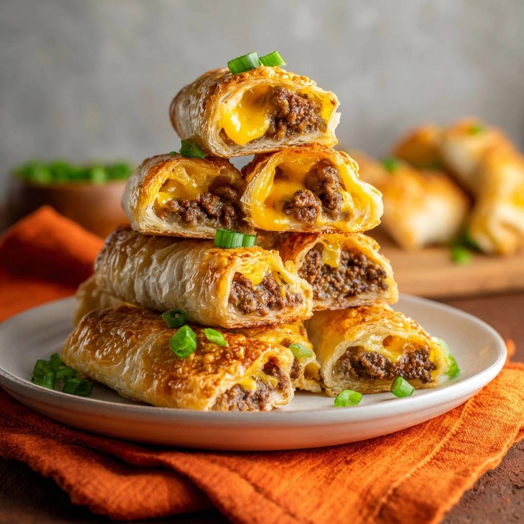 Knusprige Hack Kase Rollchen Querschnitt 1 Knusprige Hack-Käse-Röllchen zeigen hier einen appetitlichen Querschnitt, der die leckere Hackfleischfüllung und den geschmolzenen Käse enthüllt.