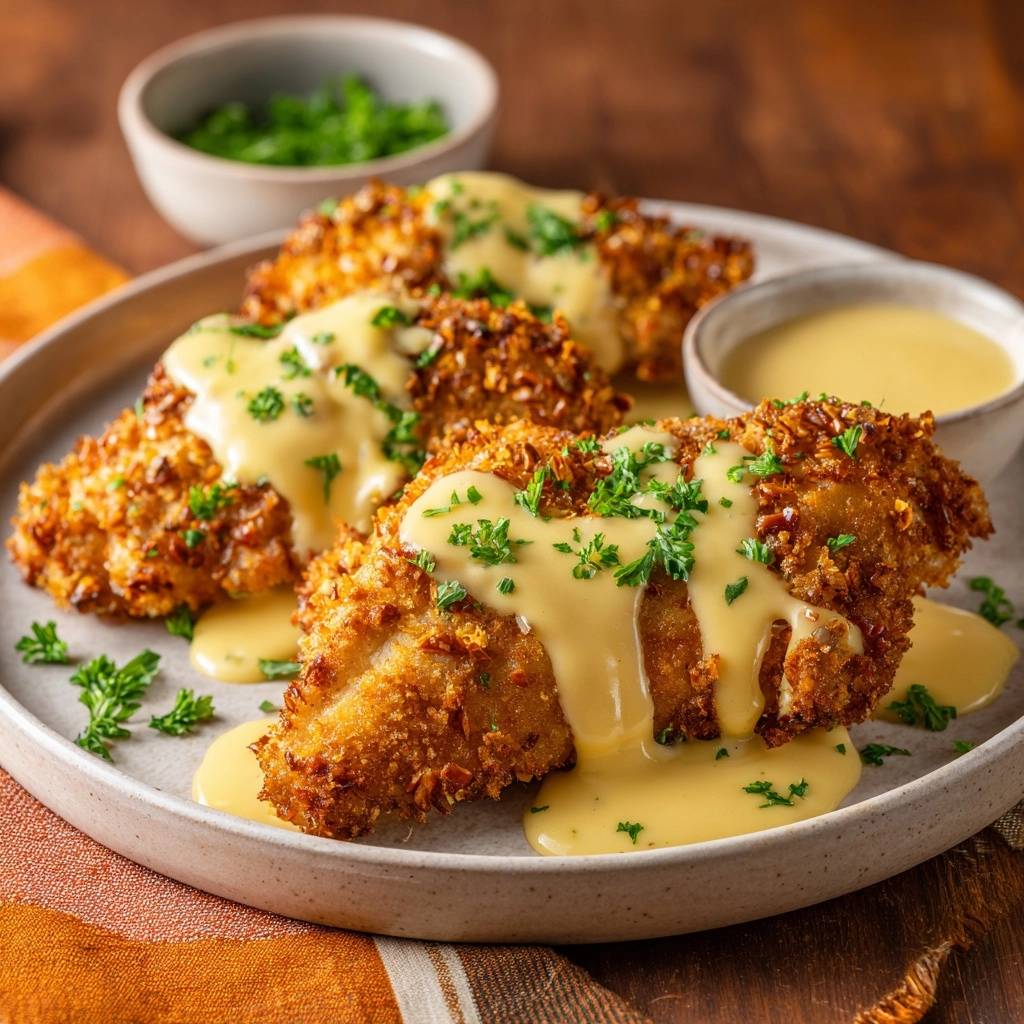 Knusprige Hähnchen-Tenders mit Honig-Senfsauce, serviert auf einem Teller und mit frisch gehackter Petersilie garniert.