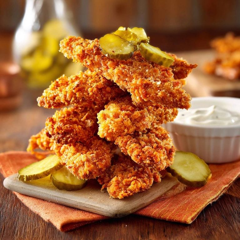Knusprige Hähnchen-Tenders mit Pickles serviert auf einem Holzbrettchen, garniert mit Gurkenscheiben und einem Dip.