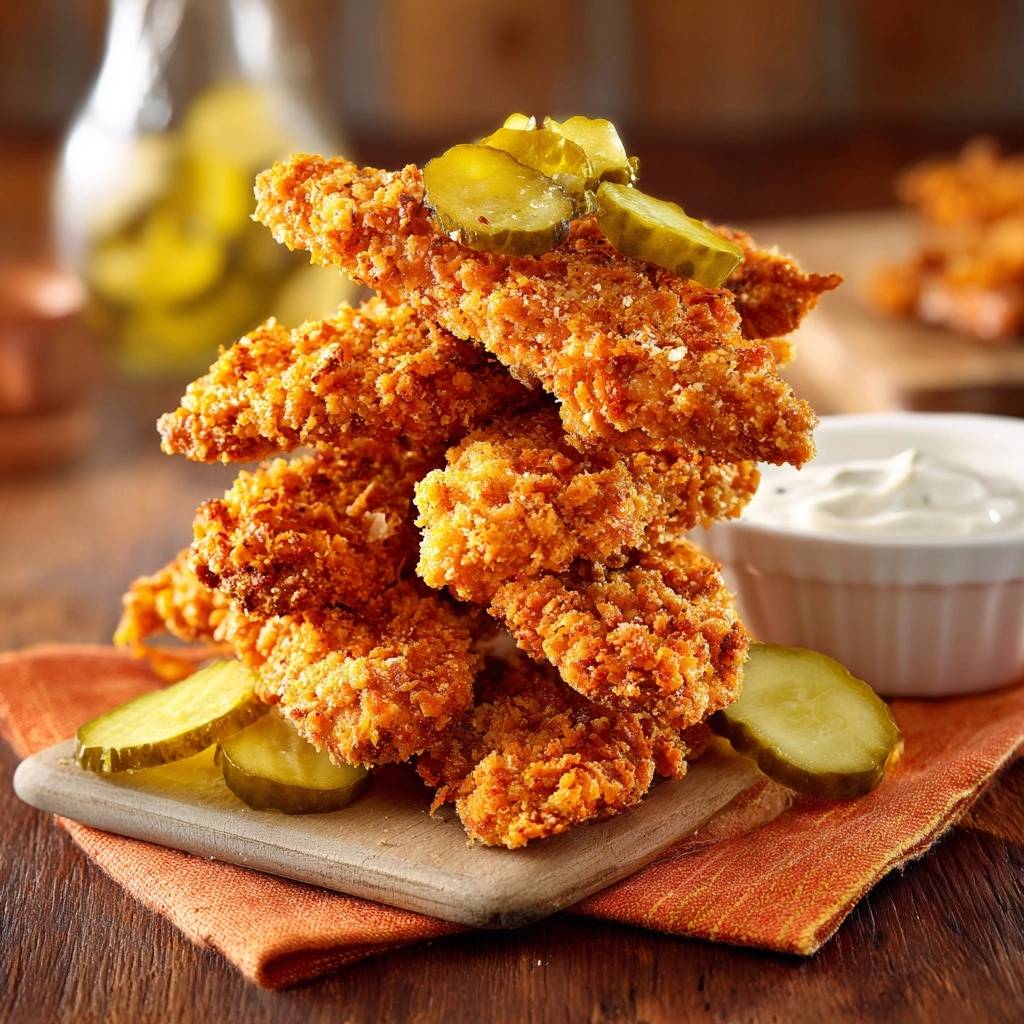 Knusprige Hähnchen-Tenders mit Pickles serviert auf einem Holzbrettchen, garniert mit Gurkenscheiben und einem Dip.