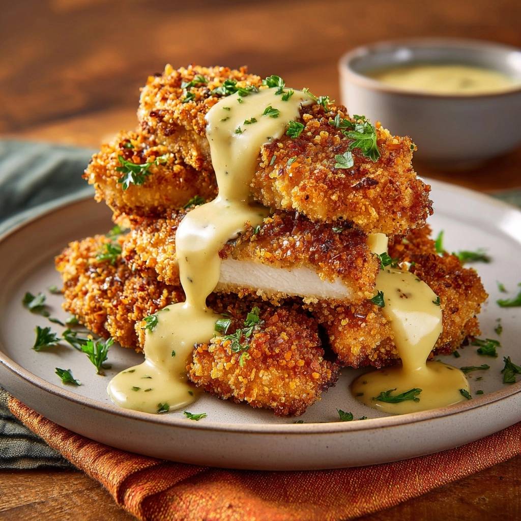 Knusprige Hähnchen-Tenders mit Honig-Senfsauce zeigen hier einen saftigen Querschnitt, der die knusprige Kruste und das zarte Fleisch offenbart.