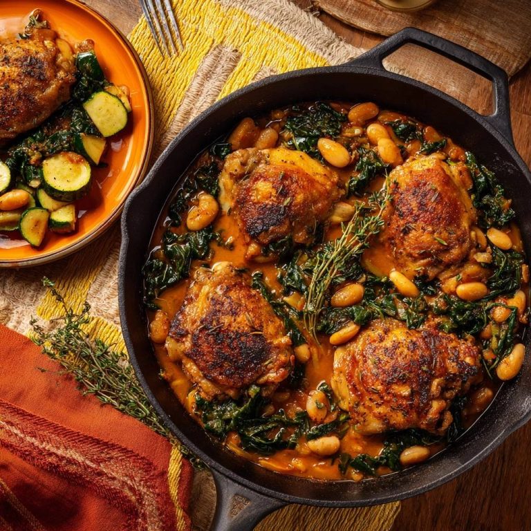Knusprige Hähnchenschenkel mit Bohnen, Spinat & Zucchini in einer gusseisernen Pfanne, serviert mit einer Zucchini-Beilage von oben betrachtet.