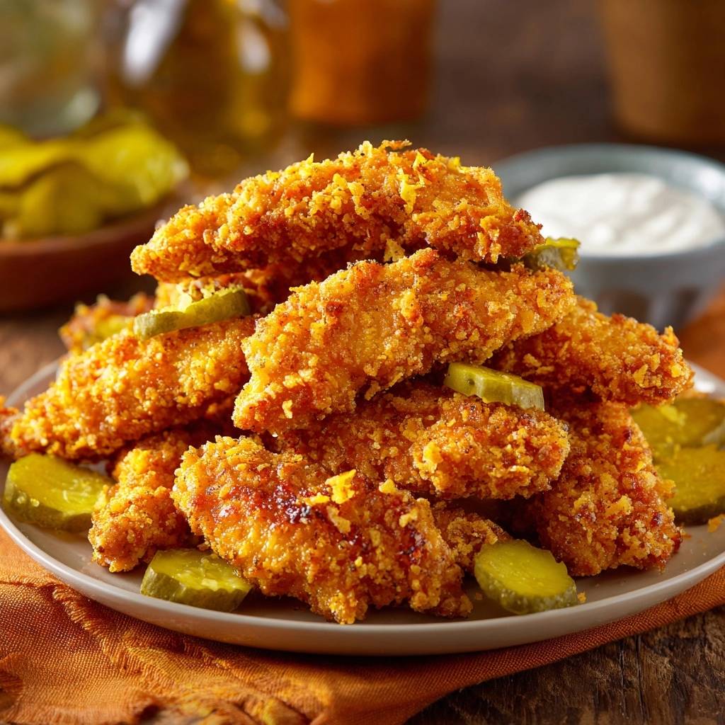 Knusprige Hähnchen-Tenders mit Pickles serviert auf einem Teller, garniert mit sauren Gurkenscheiben und serviert mit cremigem Dip.
