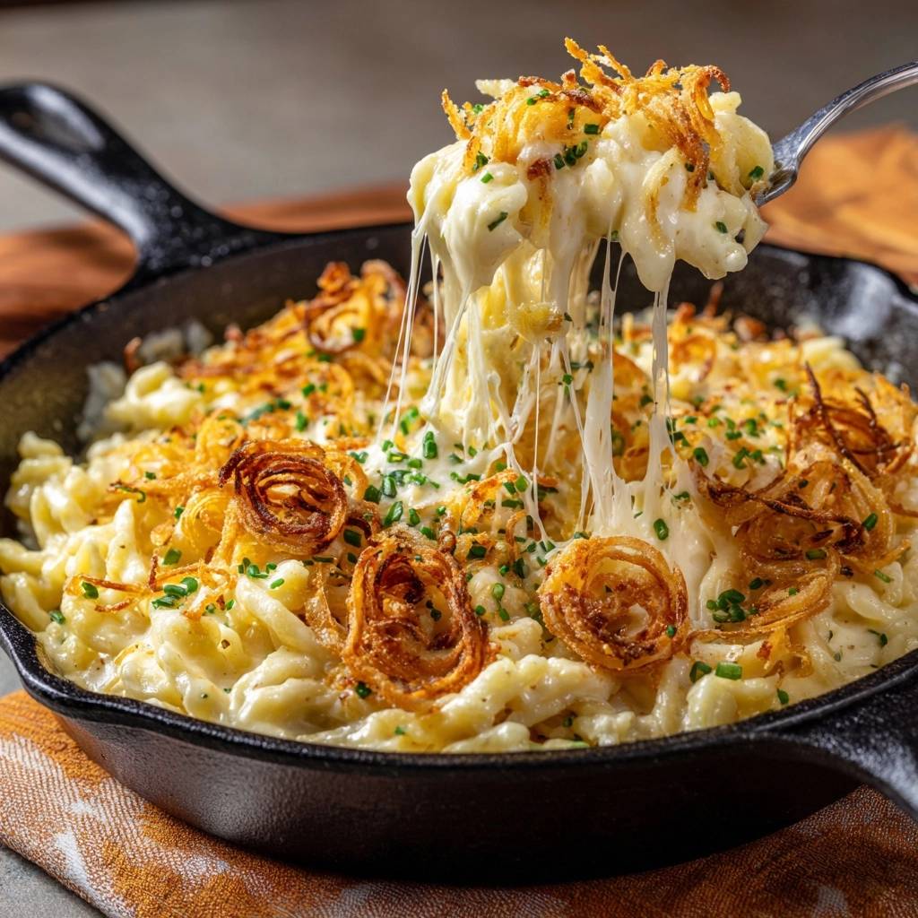 Knusprige Kaesenudeln Mit Zwiebelkroenchen Kaese Zieht 1 Knusprige Käsenudeln mit Zwiebelkrönchen, bei denen der geschmolzene Käse lange Fäden zieht, serviert in einer gusseisernen Pfanne.