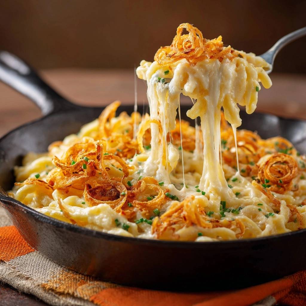 Knusprige Käsenudeln mit Zwiebelkrönchen in einer Gusseisenpfanne, mit geschmolzenem Käse, der sich von einer Gabel zieht.