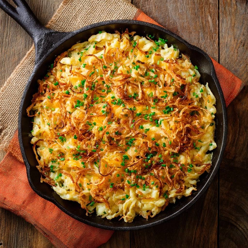 Knusprige Käse-Bratkartoffeln werden in einer Gusseisenpfanne von oben gezeigt, garniert mit knusprigen Zwiebeln und Schnittlauch.