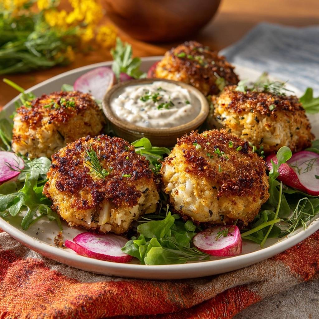 Knusprige Kuerbisfalafel Serviert 1 Knusprige Kürbisfalafel serviert auf einem Teller mit Kräutern, Radieschen und einem Dip. Die goldbraun gebratenen Falafel sind appetitlich angerichtet.