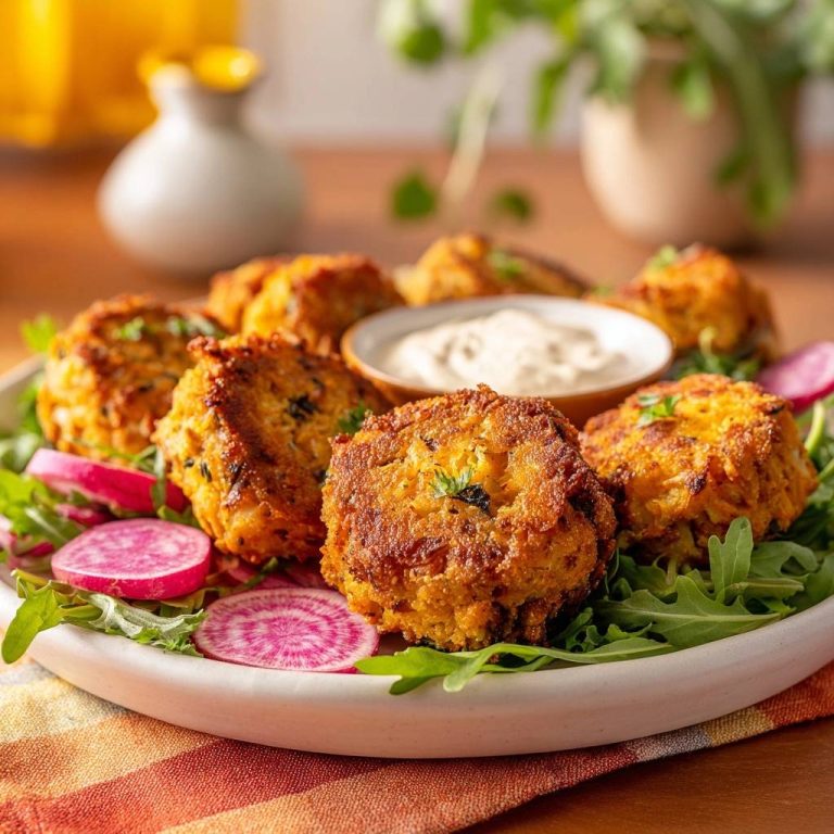 Knusprige Kürbisfalafel serviert auf einem weißen Teller mit frischem Rucola, Radieschen und einem Dip. Die goldbraunen Falafel sind köstlich angerichtet.